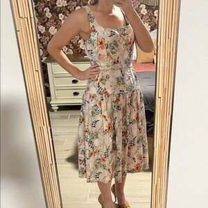 ANTONIO MELANI Floral Midi Dress in Cream and Orange